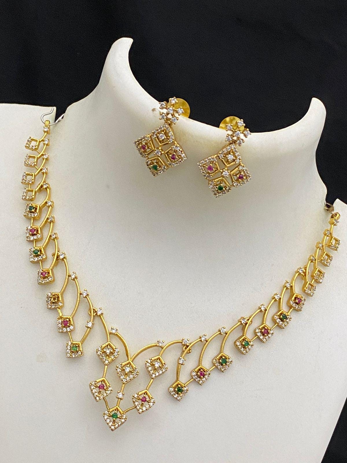 Matte Gold Necklace Earrings Simple choker set| American Diamond Ruby and Emerald Necklaces| Traditional gold necklace designs| Gift for her