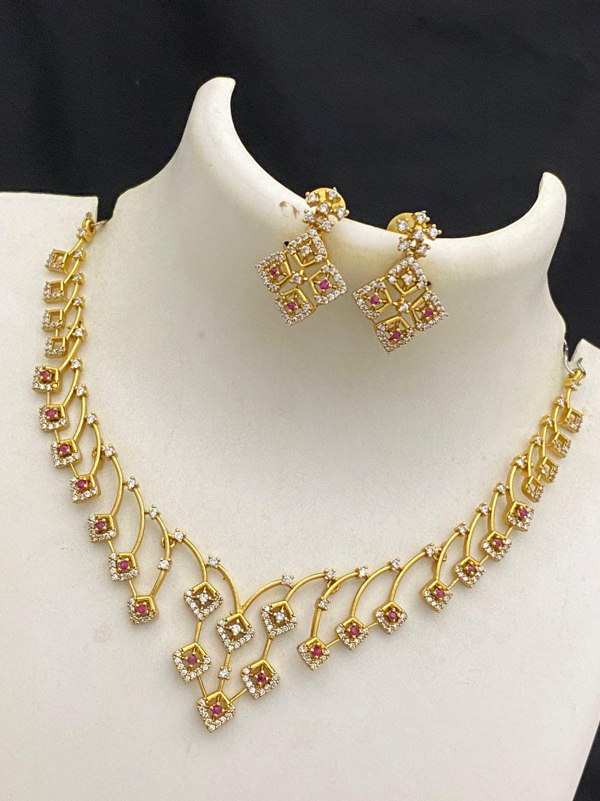 Matte Gold Necklace Earrings Simple choker set| American Diamond Ruby and Emerald Necklaces| Traditional gold necklace designs| Gift for her