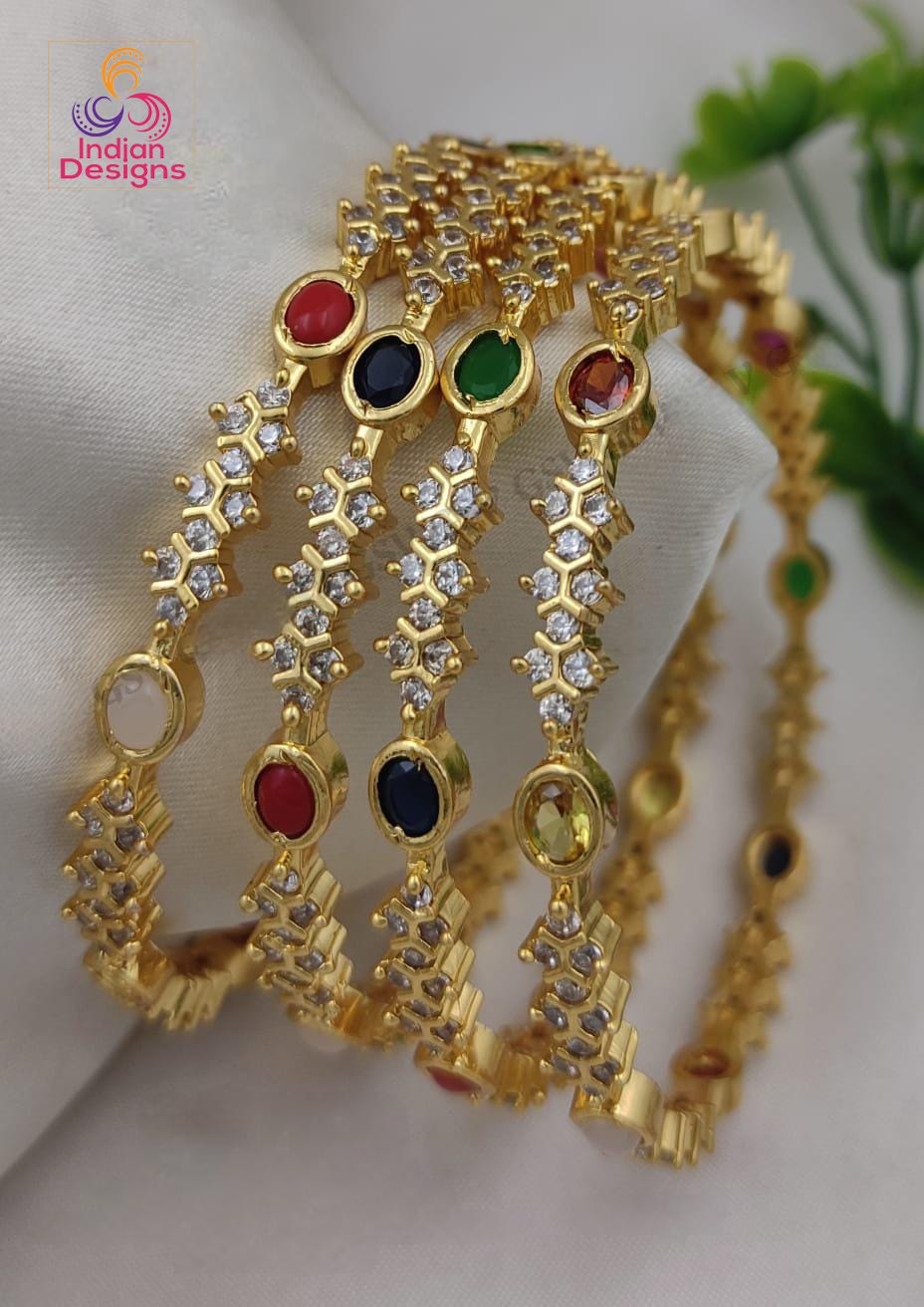Gold Plated Navaratna Bangles set of 4| Multicolor Stone Gold Bangles| Traditional South Indian Jewelry| Gold Plated Kada Se | Gift for her