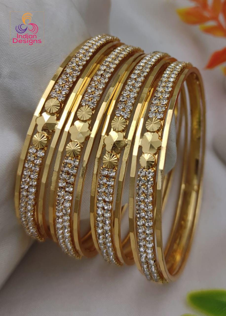 Gold CZ Stone Bangles | Matte Finish Sparkling Bangles | South Indian Traditional Jewelry | Lightweight Daily Wear Kada Set | Gift for her