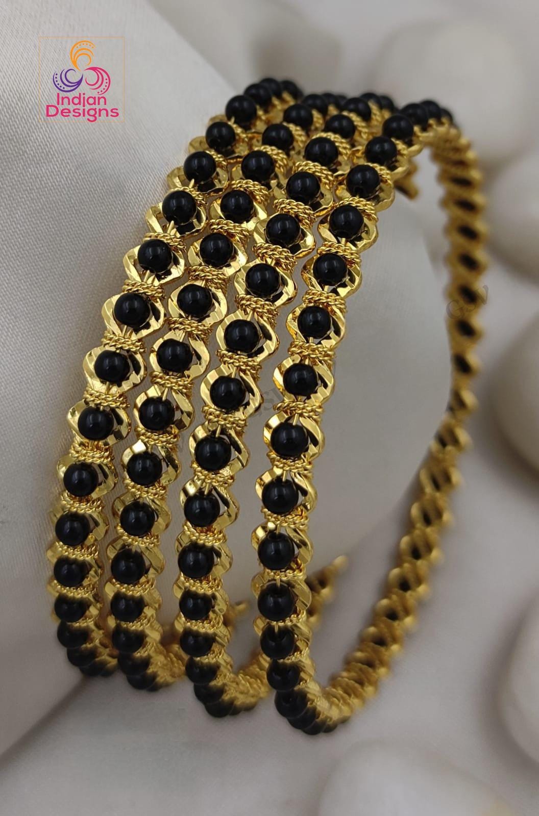Black Bead Gold Bangles Set of 4| Gold Finish Daily Wear Bangles| Traditional South Indian Jewelry| Indian Designs Kada Set| Gift for her