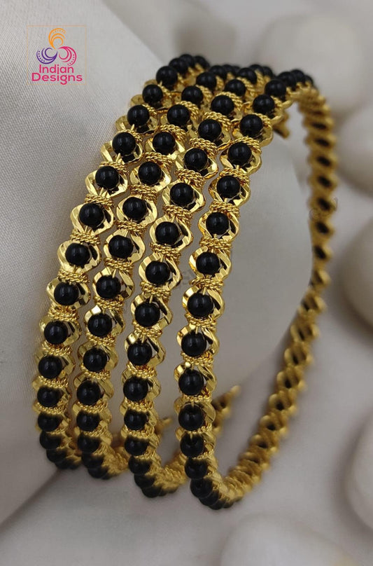 Black Bead Gold Bangles Set of 4| Gold Finish Daily Wear Bangles| Traditional South Indian Jewelry| Indian Designs Kada Set| Gift for her