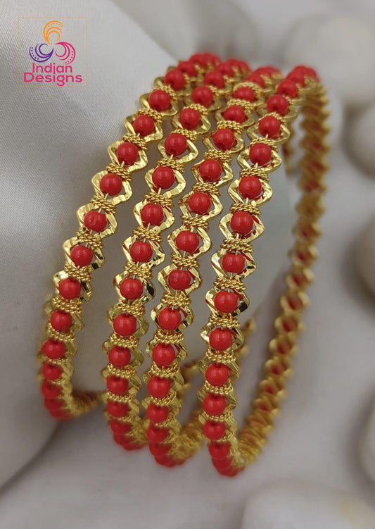 Red Bead Gold Bangles Set of 4| Gold Finish Daily Wear Bangles| Traditional South Indian Jewelry| Indian Designs Kada Set| Gift for her
