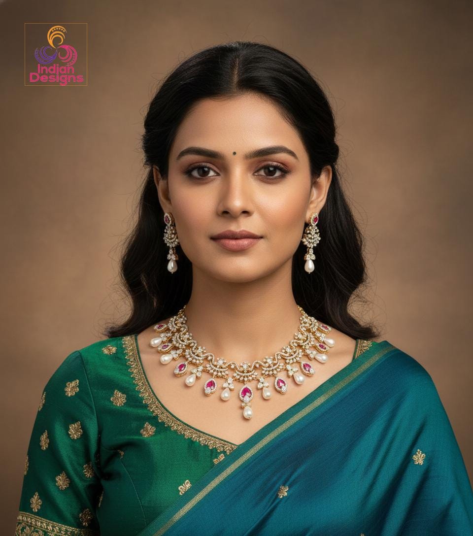 AD Stone Pearl Drop Necklace Set| Gold Plated American Diamond Jewelry| Indian Wedding Party Choker| Statement Necklace| Gift for her