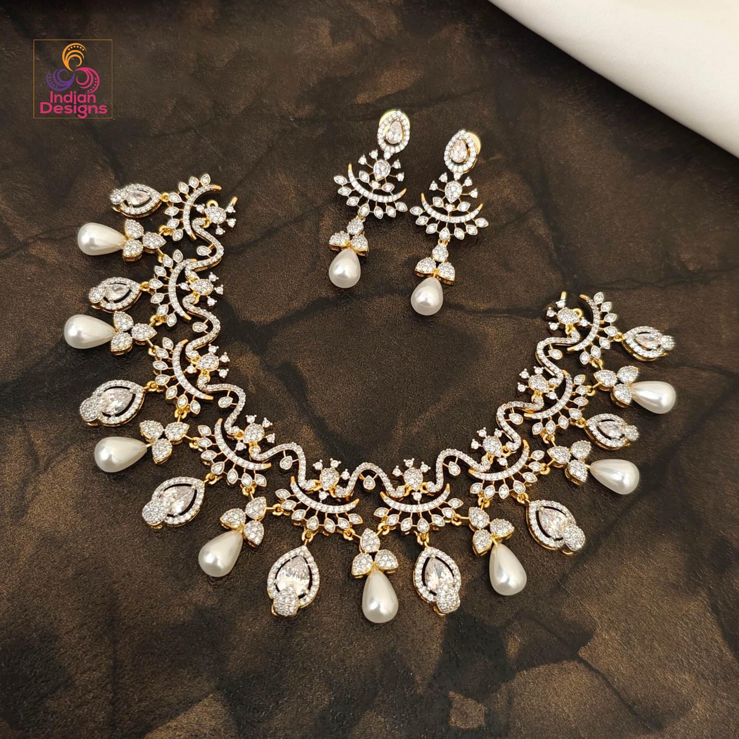 AD Stone Pearl Drop Necklace Set| Gold Plated American Diamond Jewelry| Indian Wedding Party Choker| Statement Necklace| Gift for her