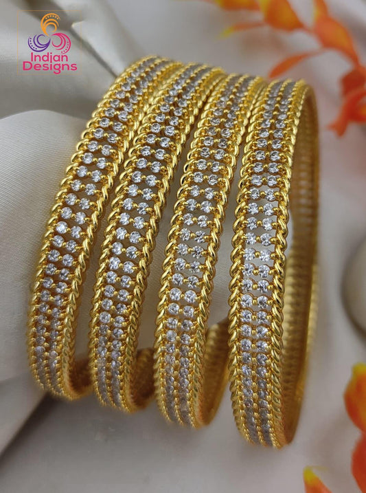 Gold CZ Bangles Set of 4| Sparkling White Stone Bangles| Traditional South Indian Jewelry| Lightweight Matte Gold Kada Set| Indian Designs
