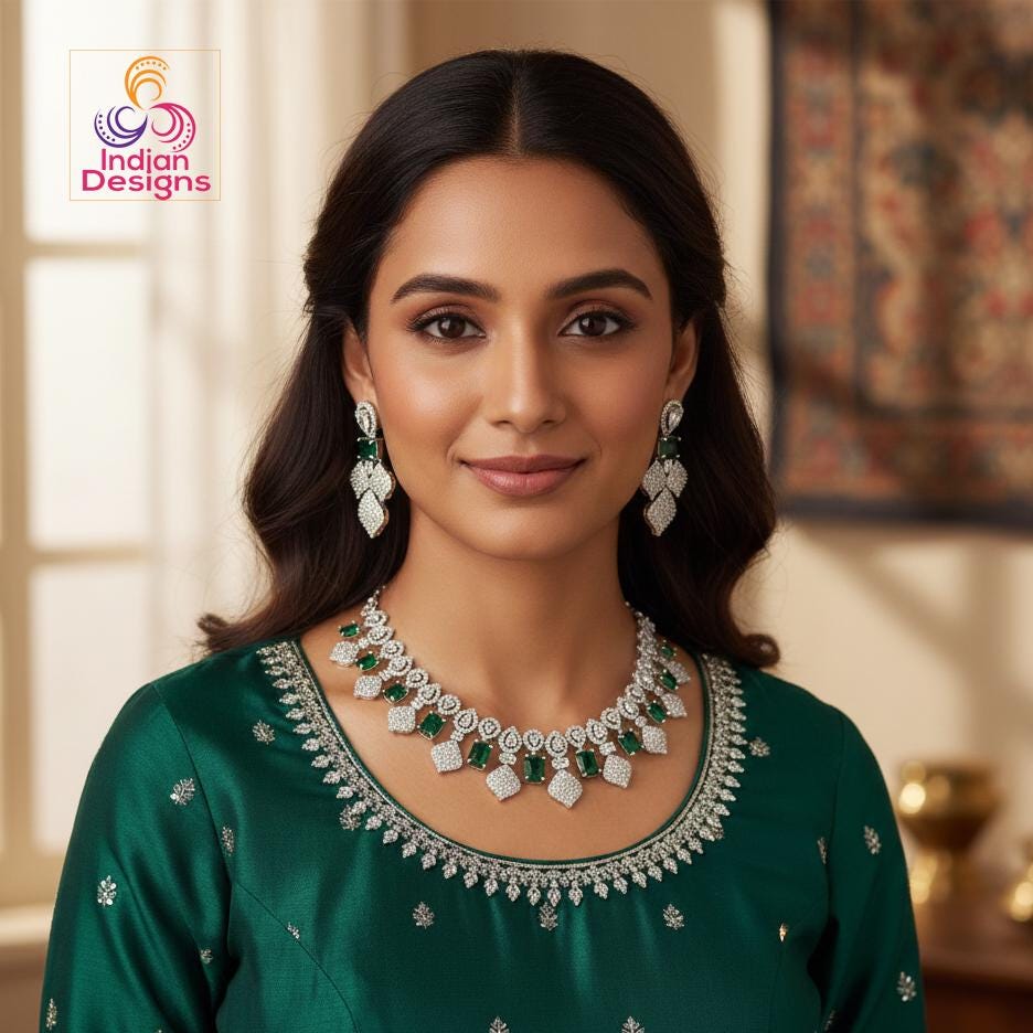 AD Bridal Choker Necklace Set| American Diamond & Emerald/Sapphire/Ruby Stone Necklace and Earrings| Traditional Indian Wedding Jewelry Gift