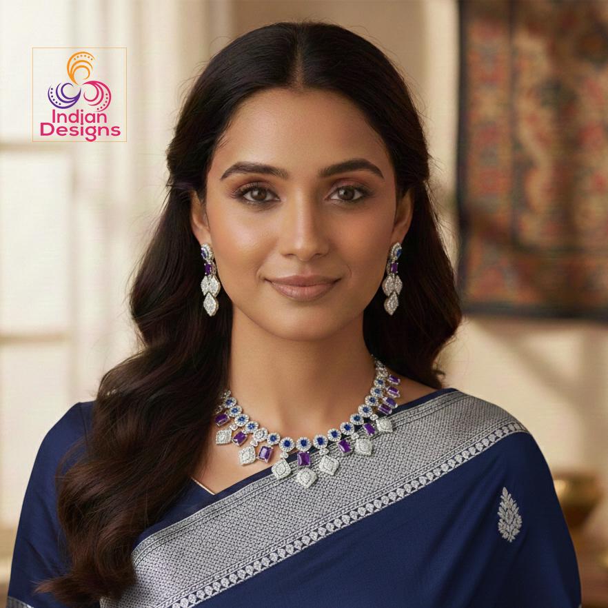 AD Bridal Choker Necklace Set| American Diamond & Emerald/Sapphire/Ruby Stone Necklace and Earrings| Traditional Indian Wedding Jewelry Gift