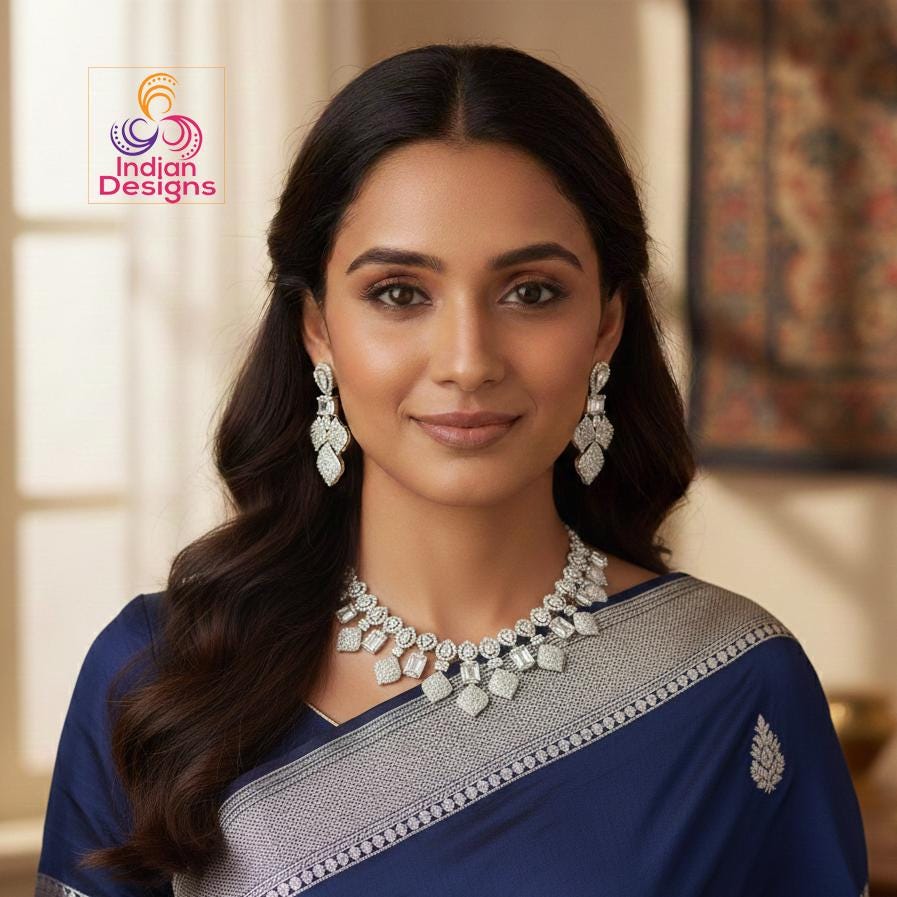 AD Bridal Choker Necklace Set| American Diamond & Emerald/Sapphire/Ruby Stone Necklace and Earrings| Traditional Indian Wedding Jewelry Gift