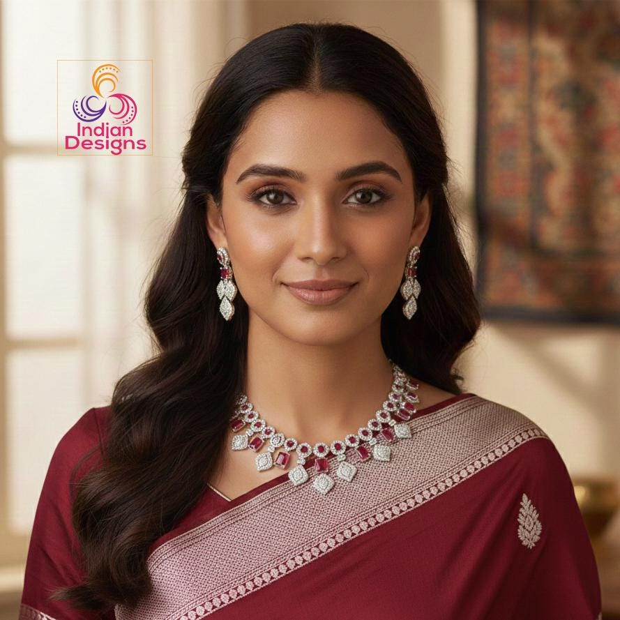 AD Bridal Choker Necklace Set| American Diamond & Emerald/Sapphire/Ruby Stone Necklace and Earrings| Traditional Indian Wedding Jewelry Gift
