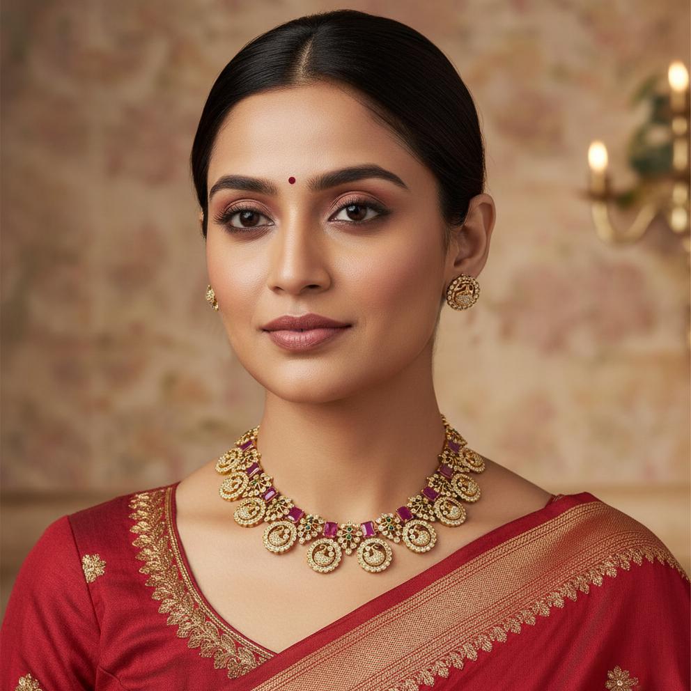 Traditional Gold Plated Peacock Necklace Set| Ruby Green Stone Matte Finish Jewelry| South Indian Temple Jewelry| Wedding Choker & Studs