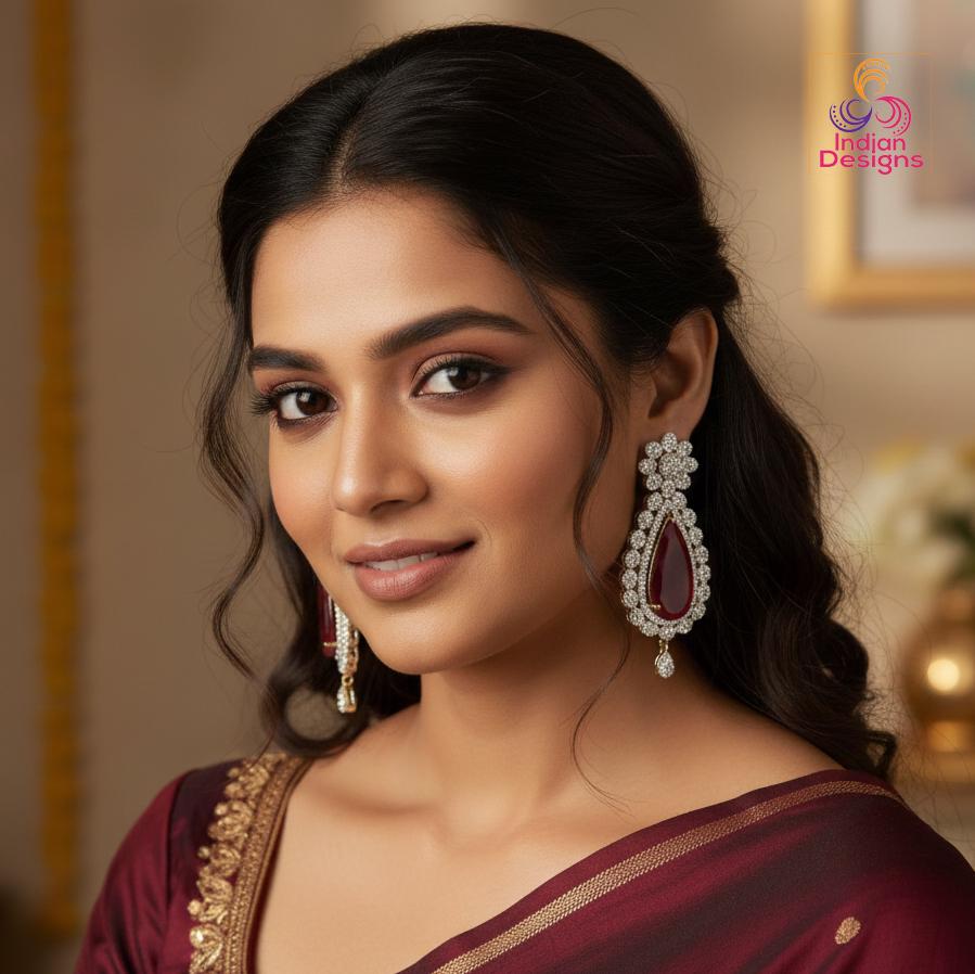 Ruby Statement AD Earrings for Women | Micro Gold Plated Bridal Dangle Earrings | Long Indian Wedding Jewelry | Party Wear CZ Stone Earrings
