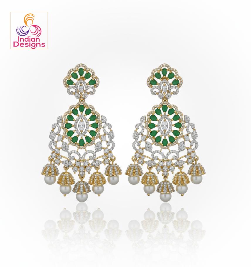 AD Stone Jhumka Earrings| Ruby, Emerald & White stones| Gold Plated Pearl Drop Earrings| South Indian Jewelry by Indian Designs|Gift for her
