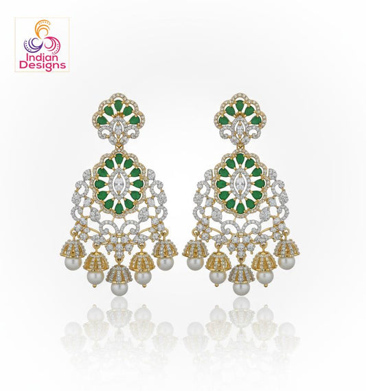 AD Stone Jhumka Earrings| Ruby, Emerald & White stones| Gold Plated Pearl Drop Earrings| South Indian Jewelry by Indian Designs|Gift for her