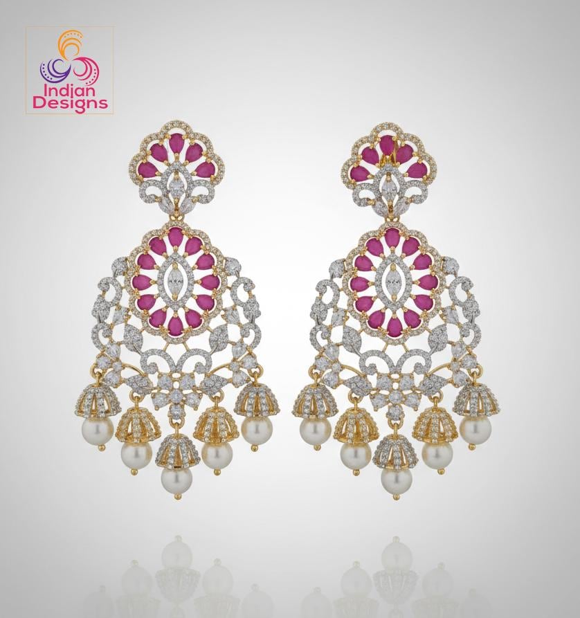 AD Stone Jhumka Earrings| Ruby, Emerald & White stones| Gold Plated Pearl Drop Earrings| South Indian Jewelry by Indian Designs|Gift for her