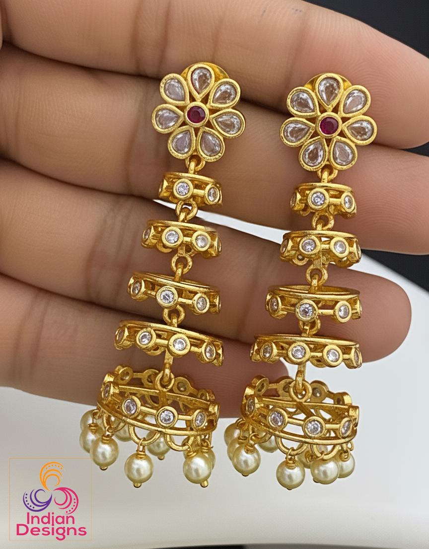 Gold Plated Jhumka Earrings| Kundan Floral Tops with Pearl Drops| Lightweight Indian Wedding Jewelry| Ruby & Emerald Variants| Gift for her