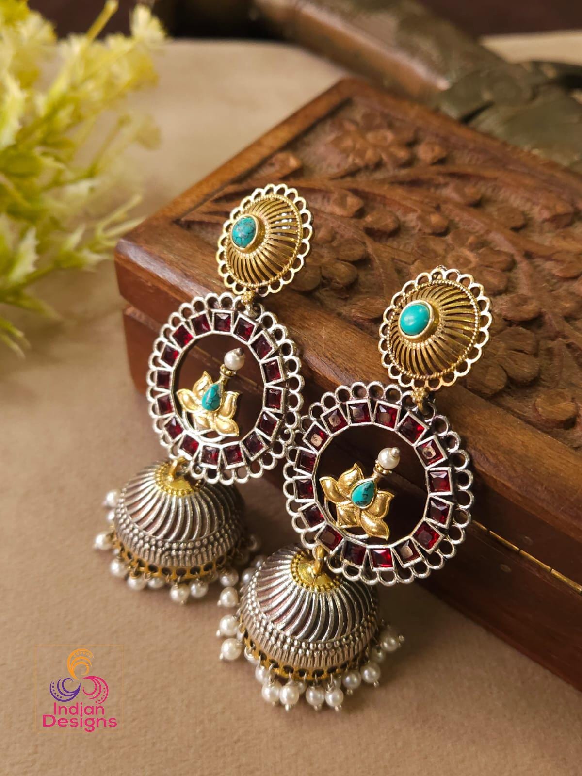 Lotus Oxidized Jhumka Earrings| Dual Tone Kemp Stone Earrings| Antique Silver Gold Jhumkas| Temple Style Earrings| Multicolor earrings