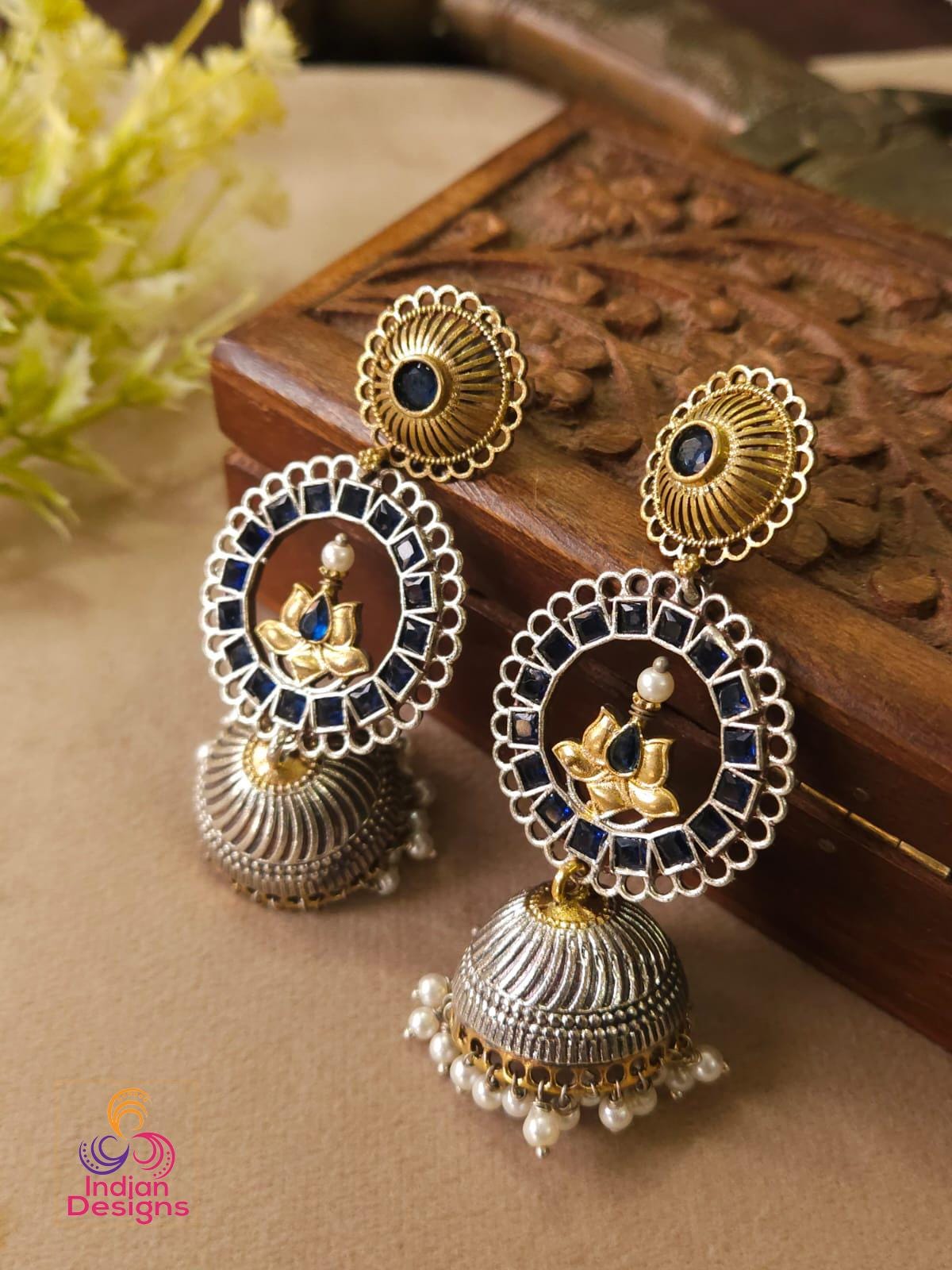 Lotus Oxidized Jhumka Earrings| Dual Tone Kemp Stone Earrings| Antique Silver Gold Jhumkas| Temple Style Earrings| Multicolor earrings