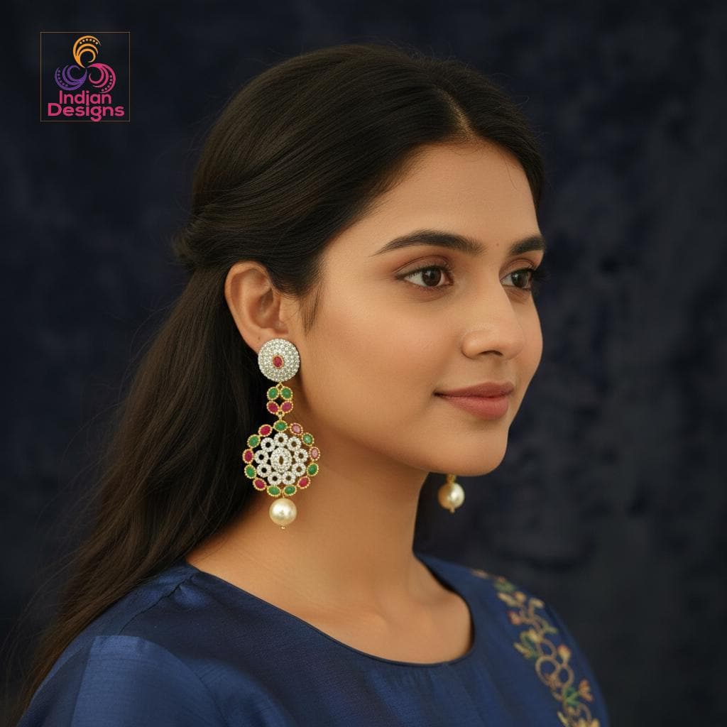 Multicolor Pearl Chandbali Earrings| Long Indian Wedding Dangler Jewelry| AD Stone Earrings| traditional earrings| Ruby Green Stone Earrings