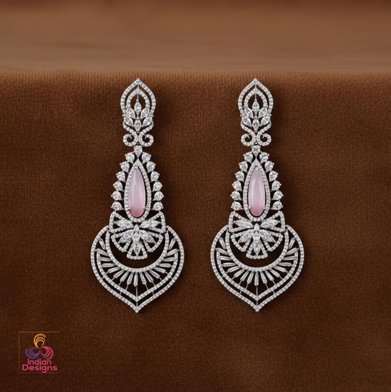 Baby Pink Bridal Earrings| Long CZ Dangler Earrings for Women| Indian Party Wear| Wedding Earrings| Indian Designs Earrings| Gift for her