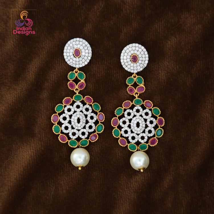 Multicolor Pearl Chandbali Earrings| Long Indian Wedding Dangler Jewelry| AD Stone Earrings| traditional earrings| Ruby Green Stone Earrings