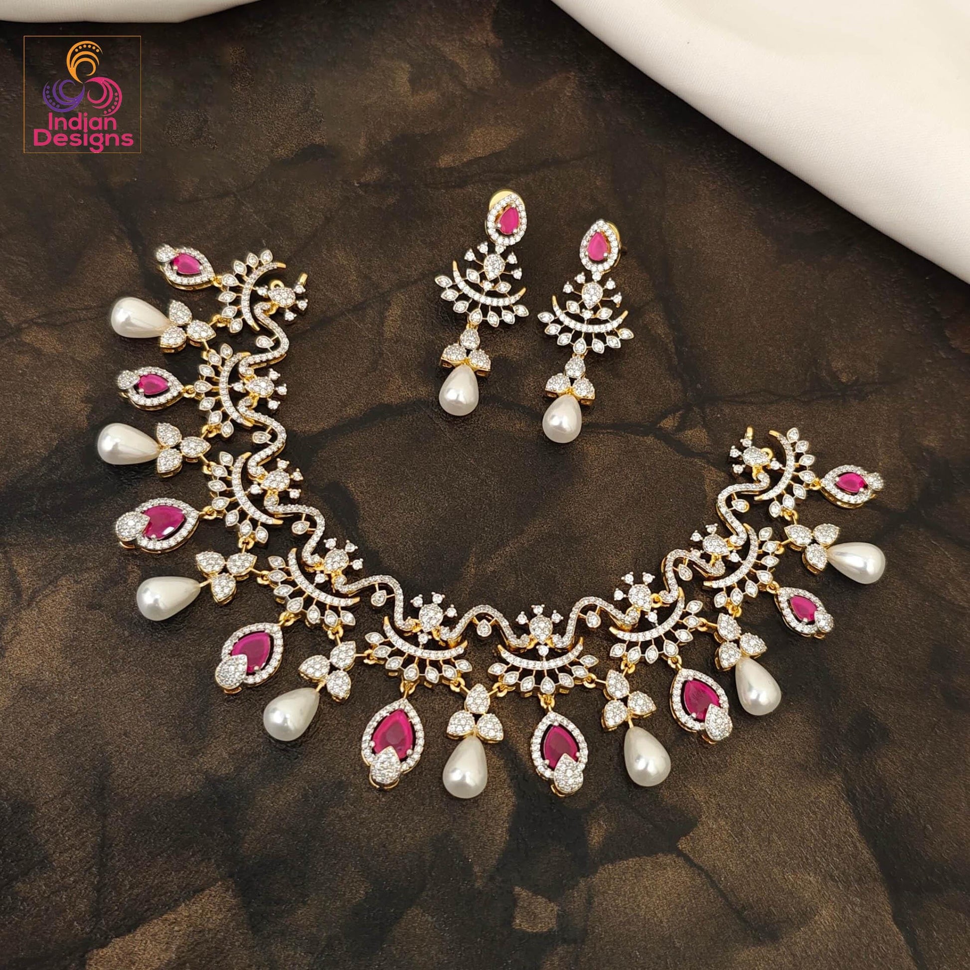 AD Stone Pearl Drop Necklace Set| Gold Plated American Diamond Jewelry| Indian Wedding Party Choker| Statement Necklace| Gift for her