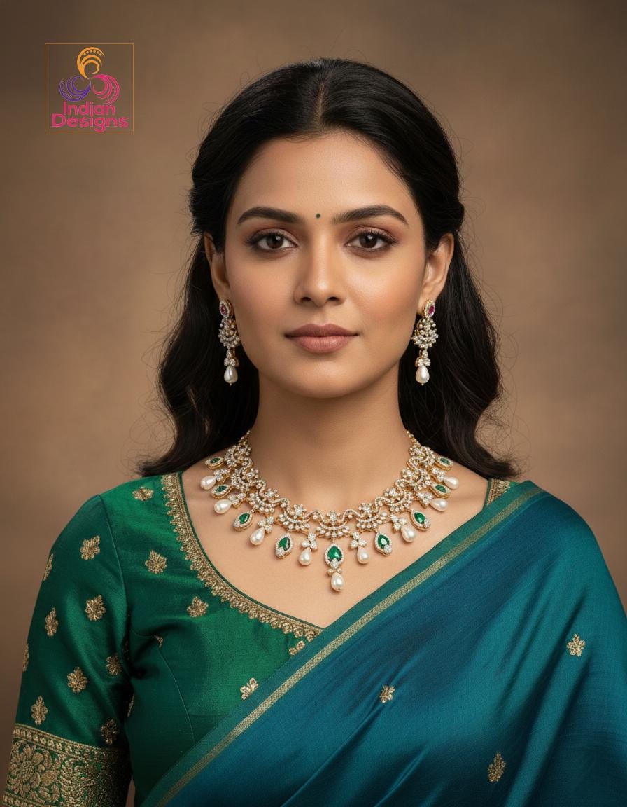 AD Stone Pearl Drop Necklace Set| Gold Plated American Diamond Jewelry| Indian Wedding Party Choker| Statement Necklace| Gift for her