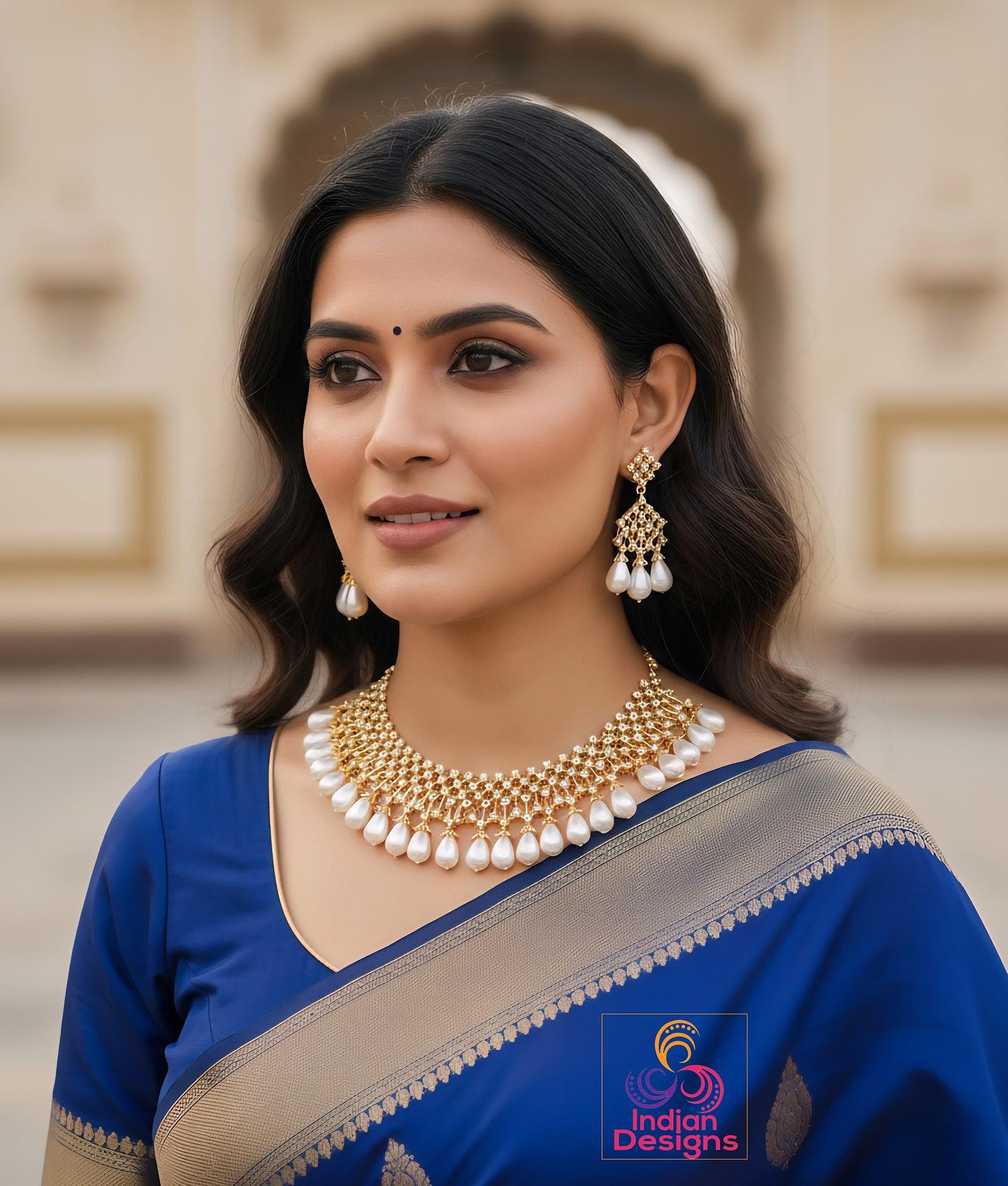 Cz Diamond Pearl Choker Necklace Set| White Teardrop Pearl Gold Necklace & Earrings| Wedding Party Jewelry| AD stone choker| Gift for her