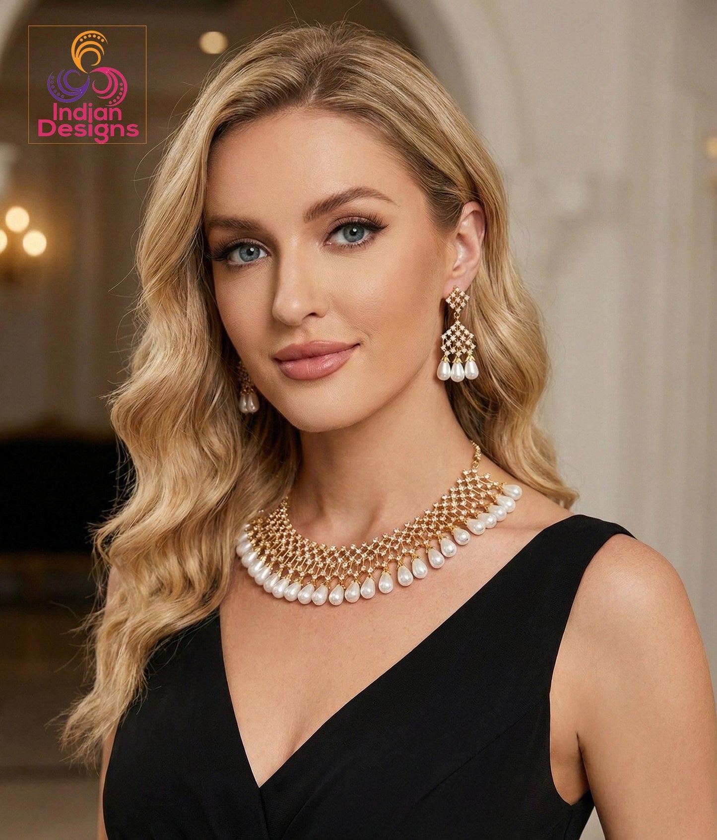 Cz Diamond Pearl Choker Necklace Set| White Teardrop Pearl Gold Necklace & Earrings| Wedding Party Jewelry| AD stone choker| Gift for her