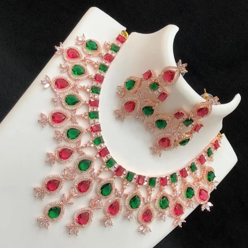 Rose Gold CZ American Diamond Necklace | Pink and Green Tear drop stone necklace