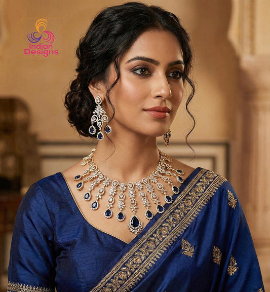 Gold Plated American Diamond Necklace earring set| Trending Party choker jewelry| CZ Diamond Set| Indian Pakistani Jewelry set| Gift for her