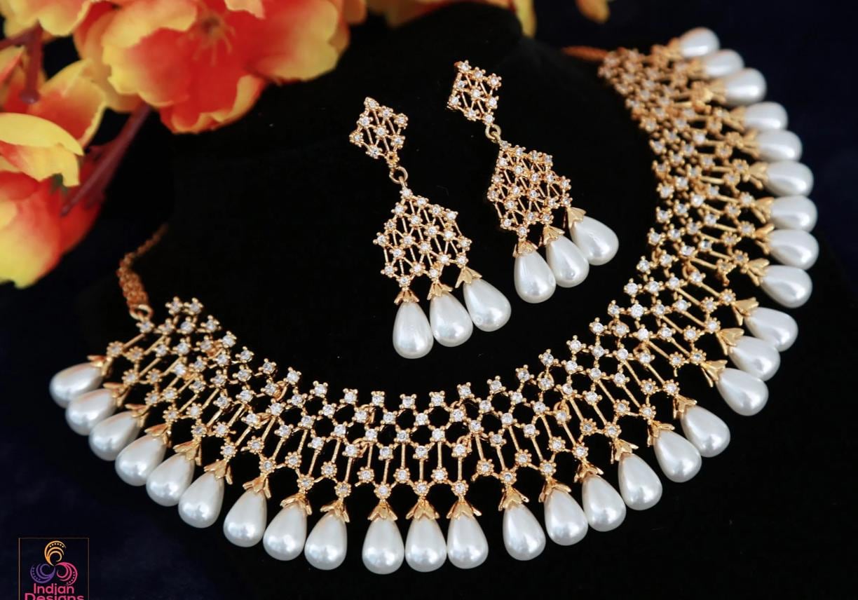 Cz Diamond Pearl Choker Necklace Set| White Teardrop Pearl Gold Necklace & Earrings| Wedding Party Jewelry| AD stone choker| Gift for her