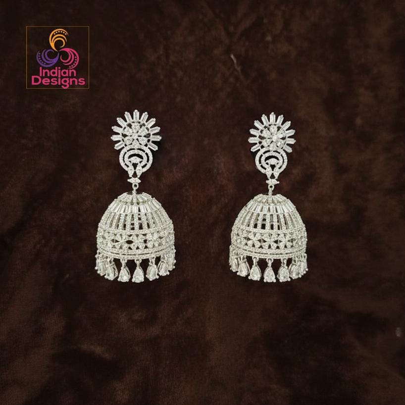 Silver Jhumka Earrings for Women| Big Indian Jhumki| Lightweight CZ Bell Earrings | Festive Desi Jewelry | Party Wear Earrings