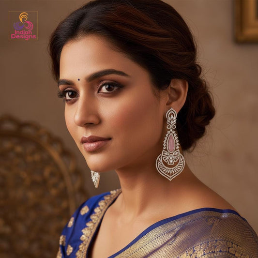 Baby Pink Bridal Earrings| Long CZ Dangler Earrings for Women| Indian Party Wear| Wedding Earrings| Indian Designs Earrings| Gift for her