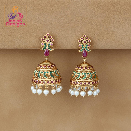Gold Plated Jhumka Earrings| Pearl Drop Traditional Jhumki| Indian Wedding Earrings| South Indian style Jhumka| Statement Earrings Gift