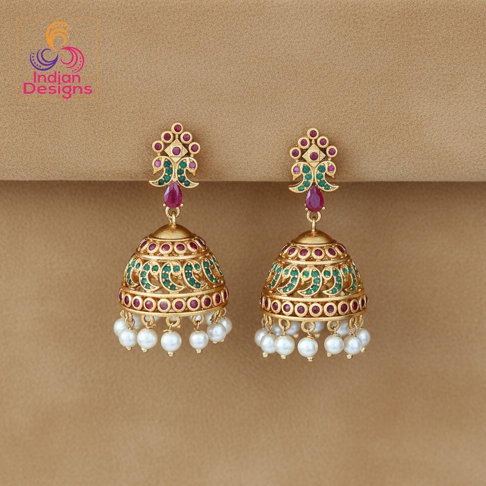 Gold Plated Jhumka Earrings| Pearl Drop Traditional Jhumki| Indian Wedding Earrings| South Indian style Jhumka| Statement Earrings Gift