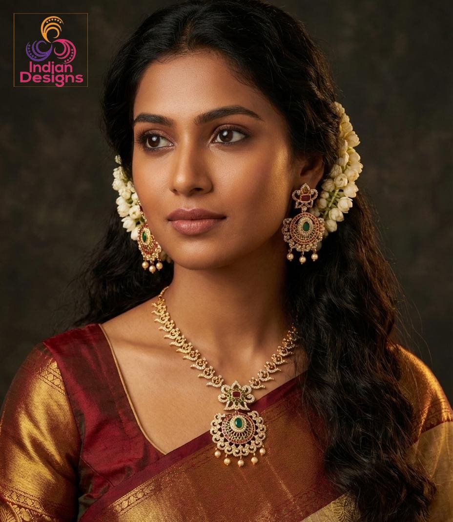 Stylish Gold Plated Indian Jewelry necklace with Emerald and Ruby stones | Peacock Design necklace | South Indian Wedding jewelry