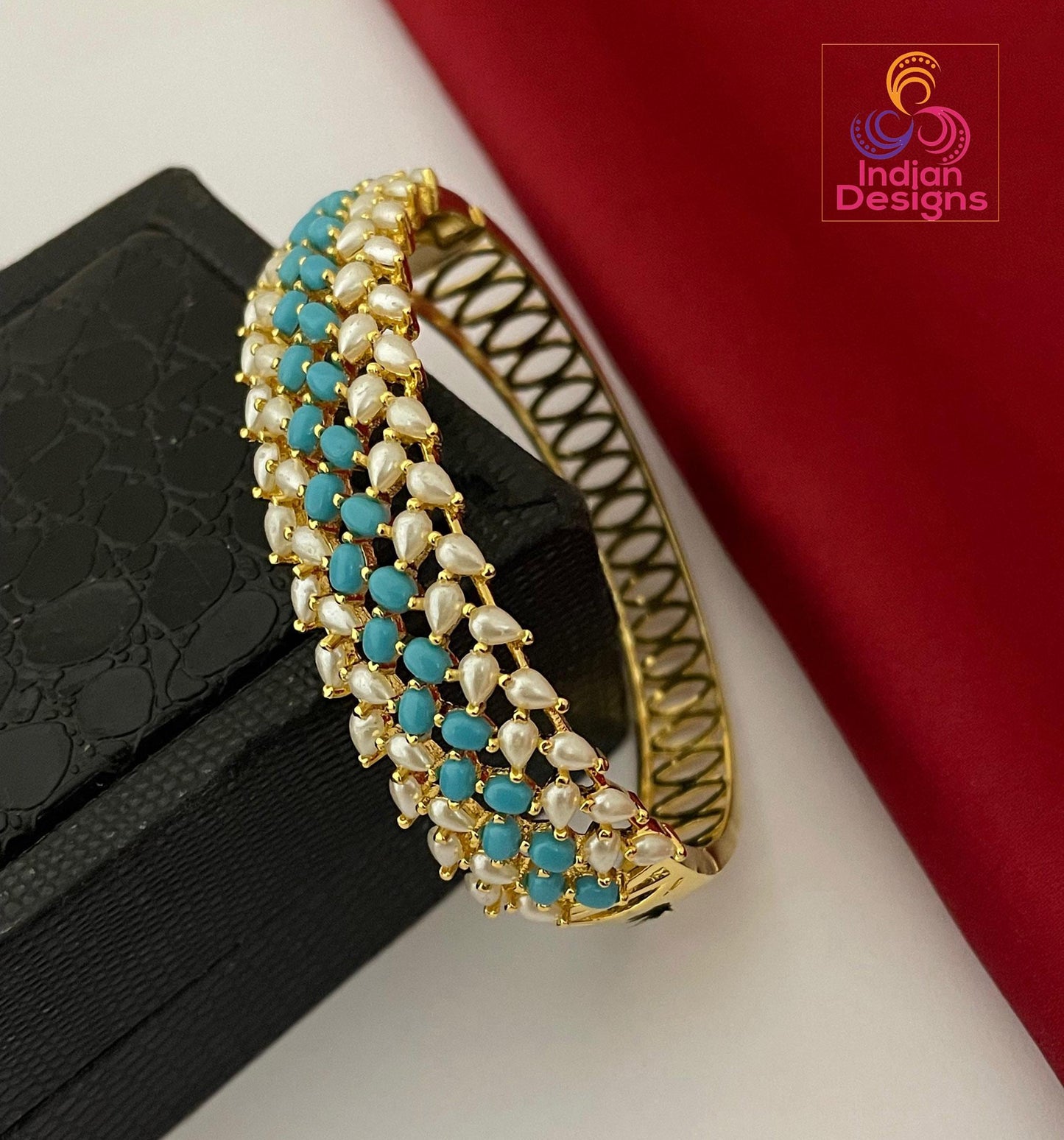 Gold Plated Pearl Bangle| Openable Gold Kada| Indian Ethnic Bracelet| Ruby Green Turquoise Stone Bangle| Statement Bangle| Gift for Her
