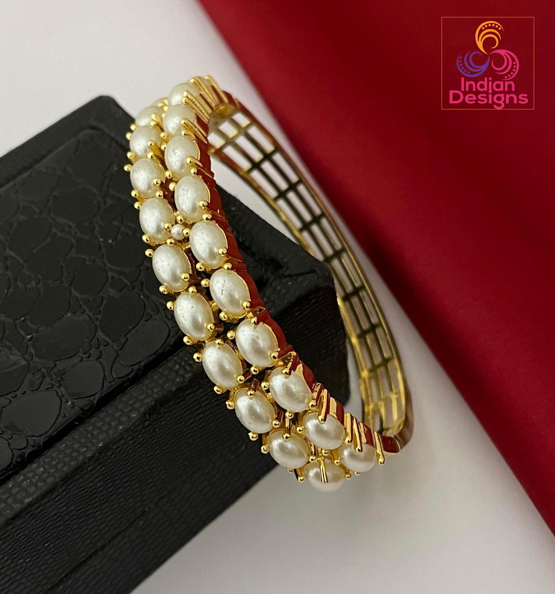 Gold Plated AD Stone Bangle| Openable Ruby Emerald Pearl Bracelet| Bollywood Wedding Jewelry| Indian Bangle| Traditional Ethnic Gift for Her