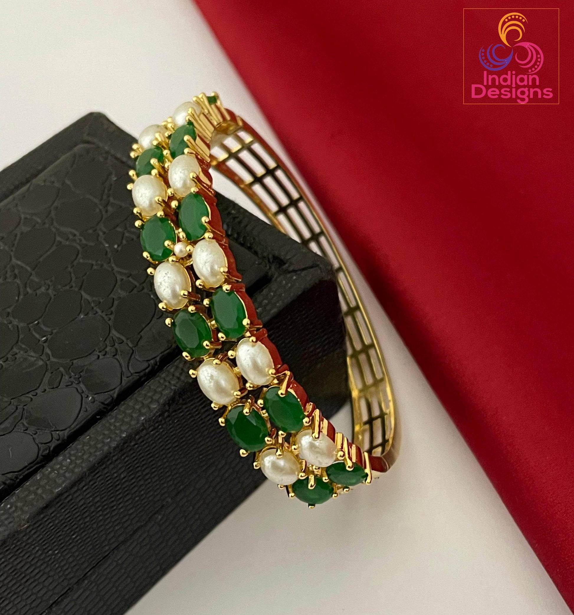 Gold Plated AD Stone Bangle| Openable Ruby Emerald Pearl Bracelet| Bollywood Wedding Jewelry| Indian Bangle| Traditional Ethnic Gift for Her