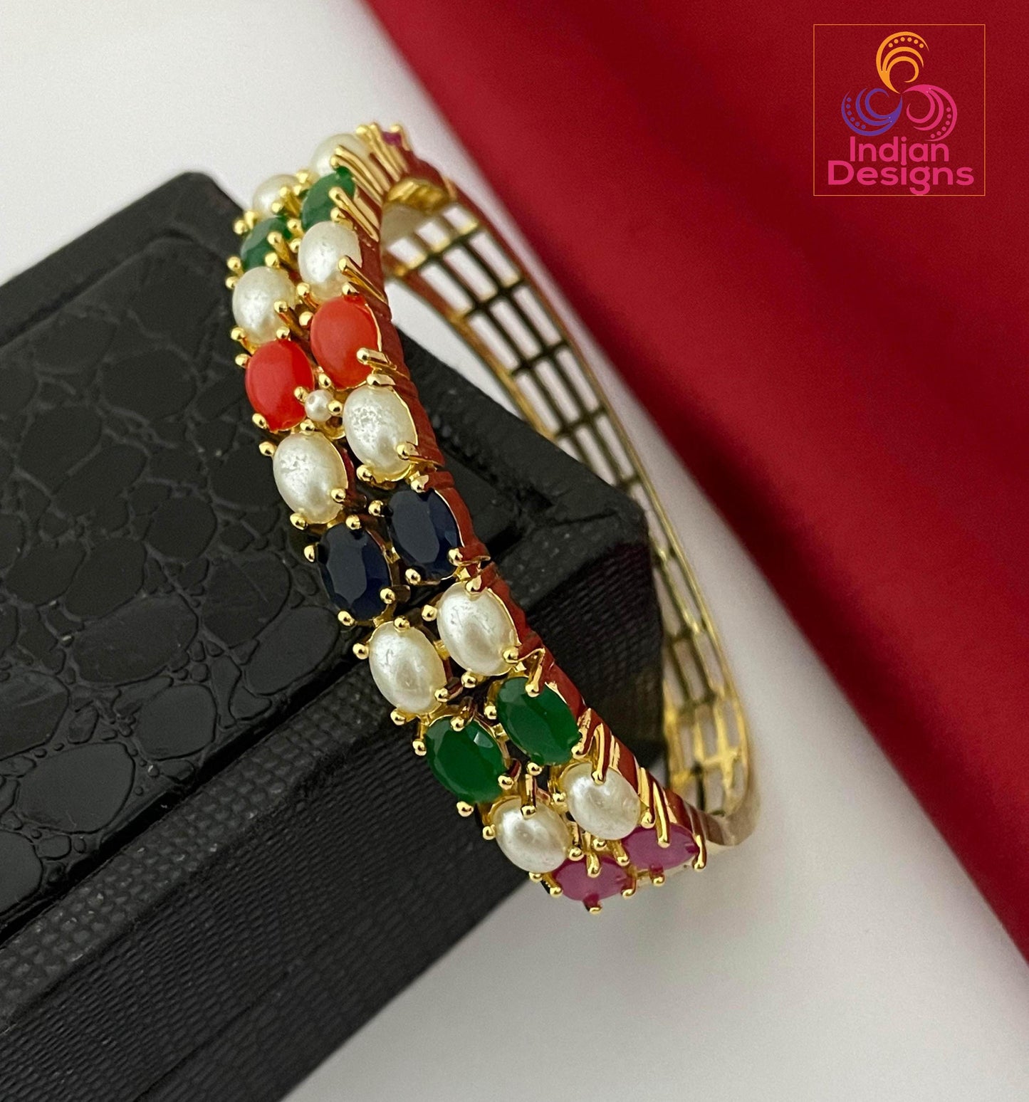 Gold Plated AD Stone Bangle| Openable Ruby Emerald Pearl Bracelet| Bollywood Wedding Jewelry| Indian Bangle| Traditional Ethnic Gift for Her