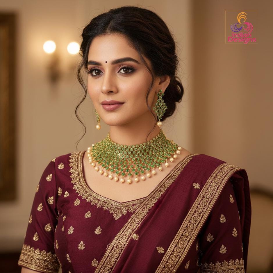 Gold Plated Wedding Choker necklace |American Diamond Emerald Ruby Star Design CZ Diamond Bridal necklace Earring set |Bollywood choker set