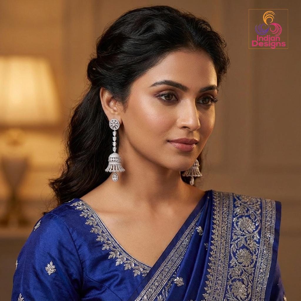 Long Diamond Jhumka Earrings| Party Wear Silver CZ Jhumki| American Diamond Statement Earrings| Indian Bridal Wedding Jewelry| Gift for her