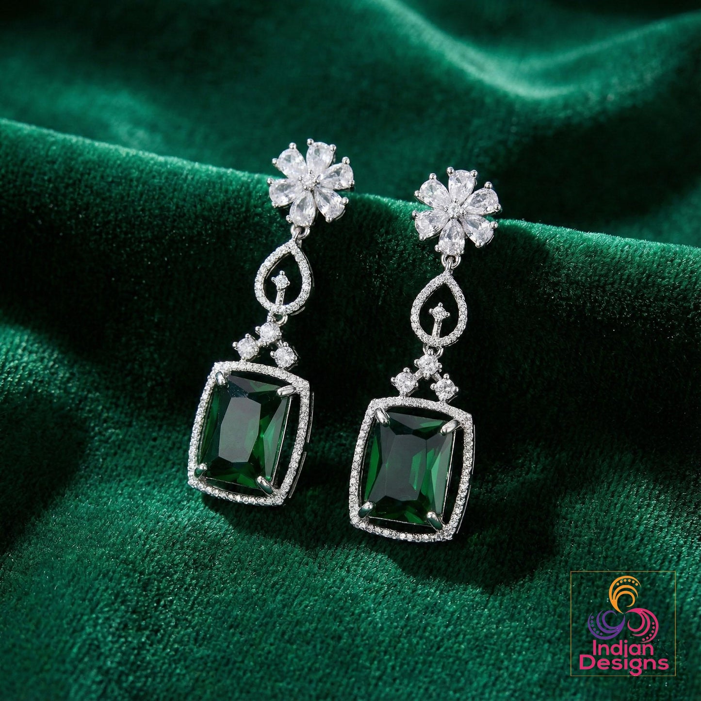 Silver American Diamond Earrings| Rectangular Cushion Cut CZ Drop| Floral Stud Dangle|Indian Wedding Jewelry|Emerald Ruby Sapphire Mint Pink