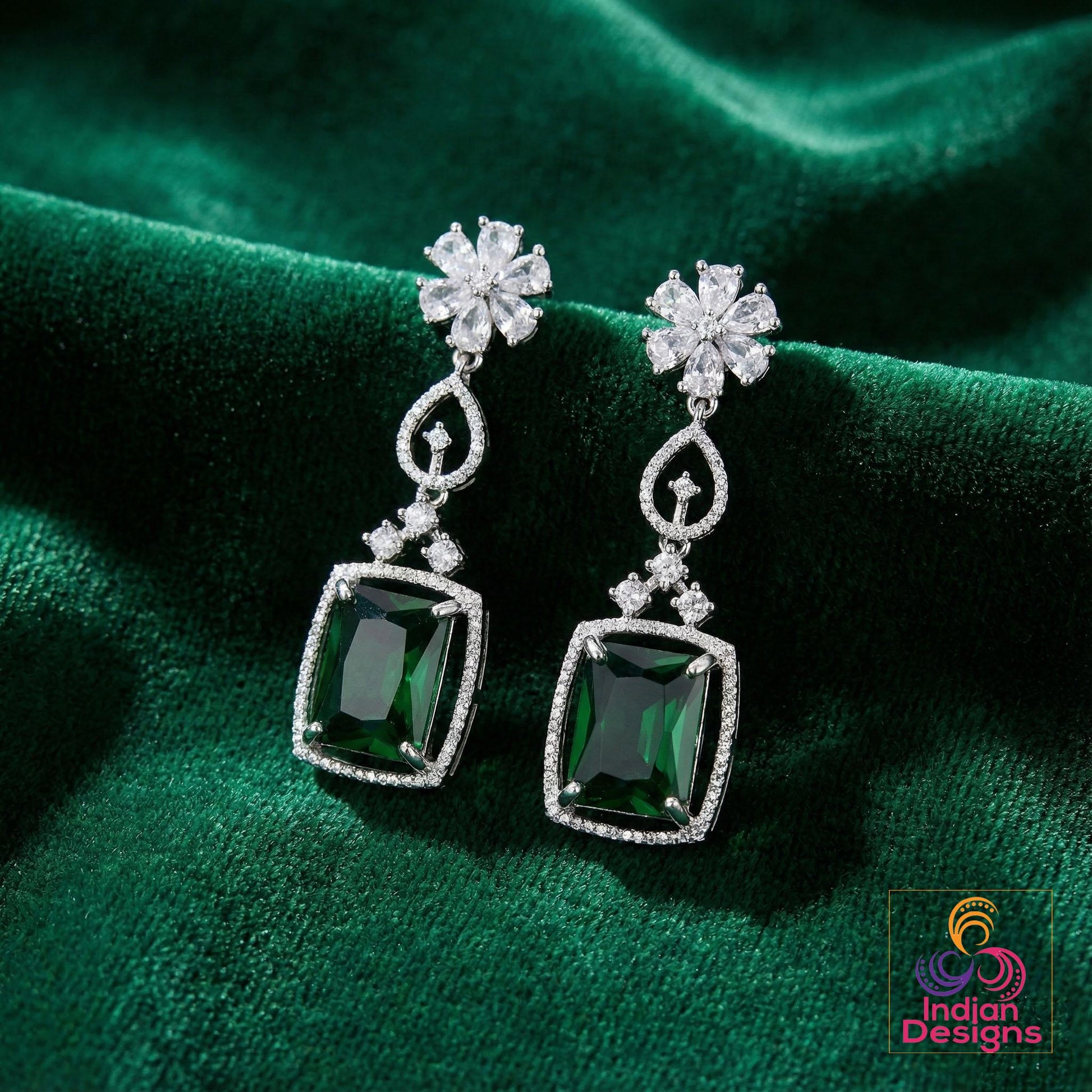 Silver American Diamond Earrings| Rectangular Cushion Cut CZ Drop| Floral Stud Dangle|Indian Wedding Jewelry|Emerald Ruby Sapphire Mint Pink