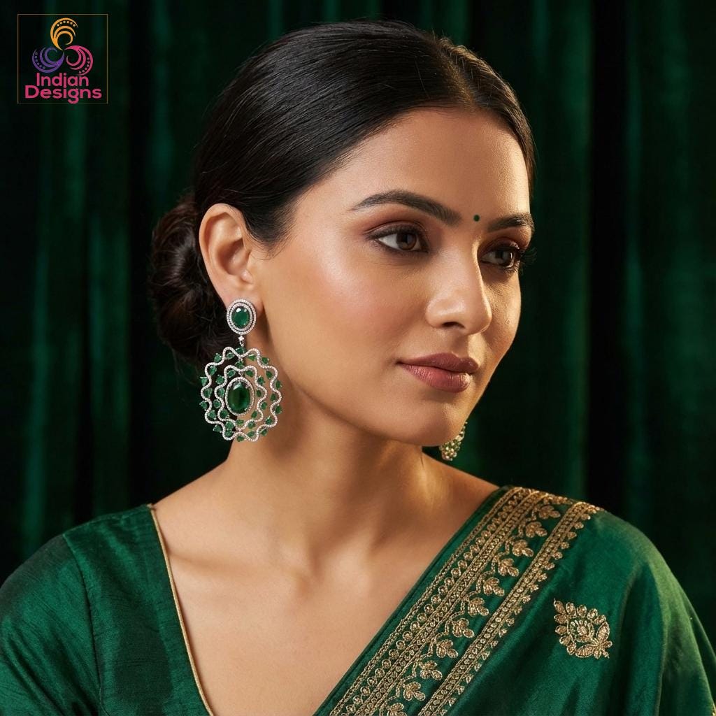 Silver American Diamond Statement Earrings| Large Floral Halo CZ Dangle| Indian Wedding Cocktail Jewelry| Emerald Green Sapphire Blue Pink