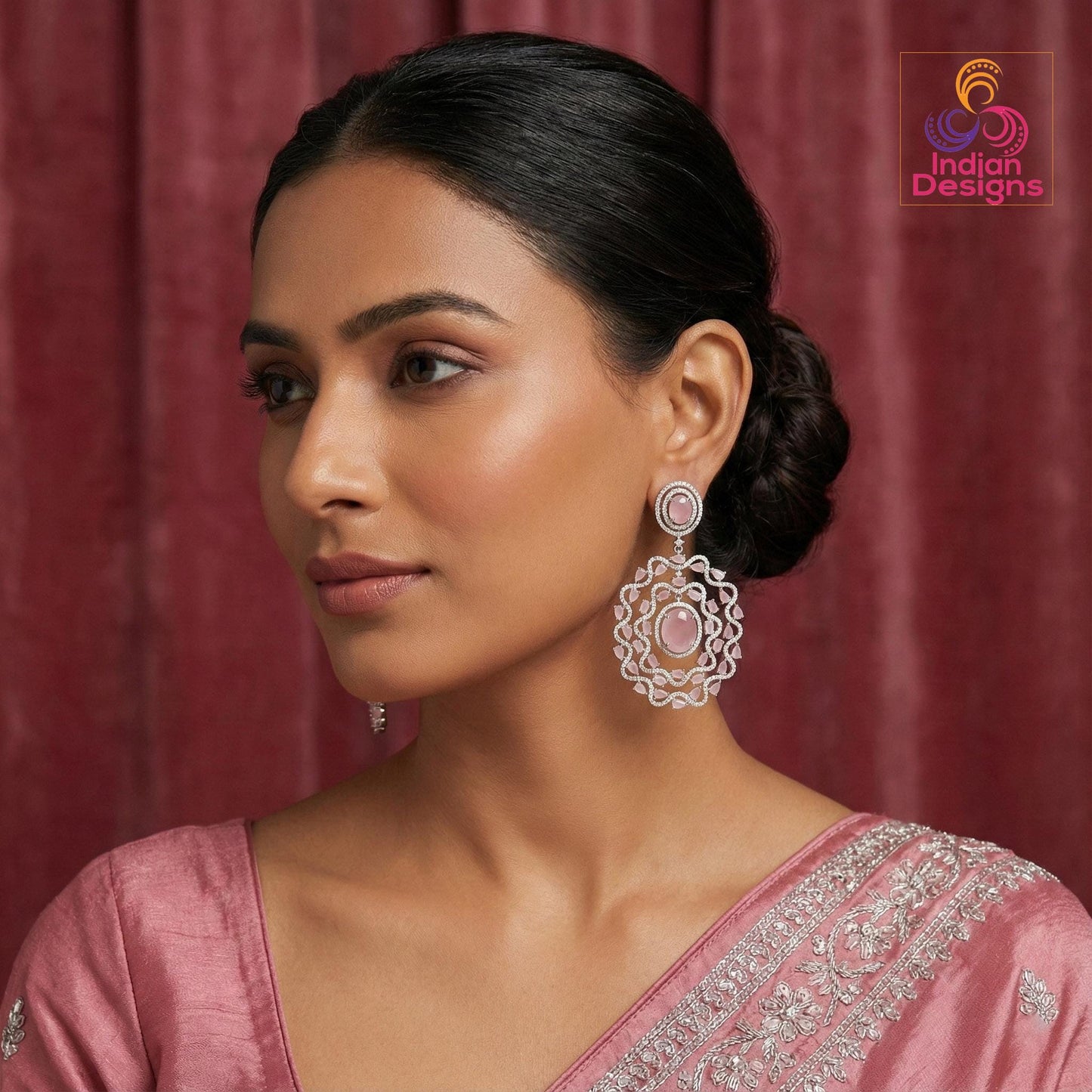 Silver American Diamond Statement Earrings| Large Floral Halo CZ Dangle| Indian Wedding Cocktail Jewelry| Emerald Green Sapphire Blue Pink