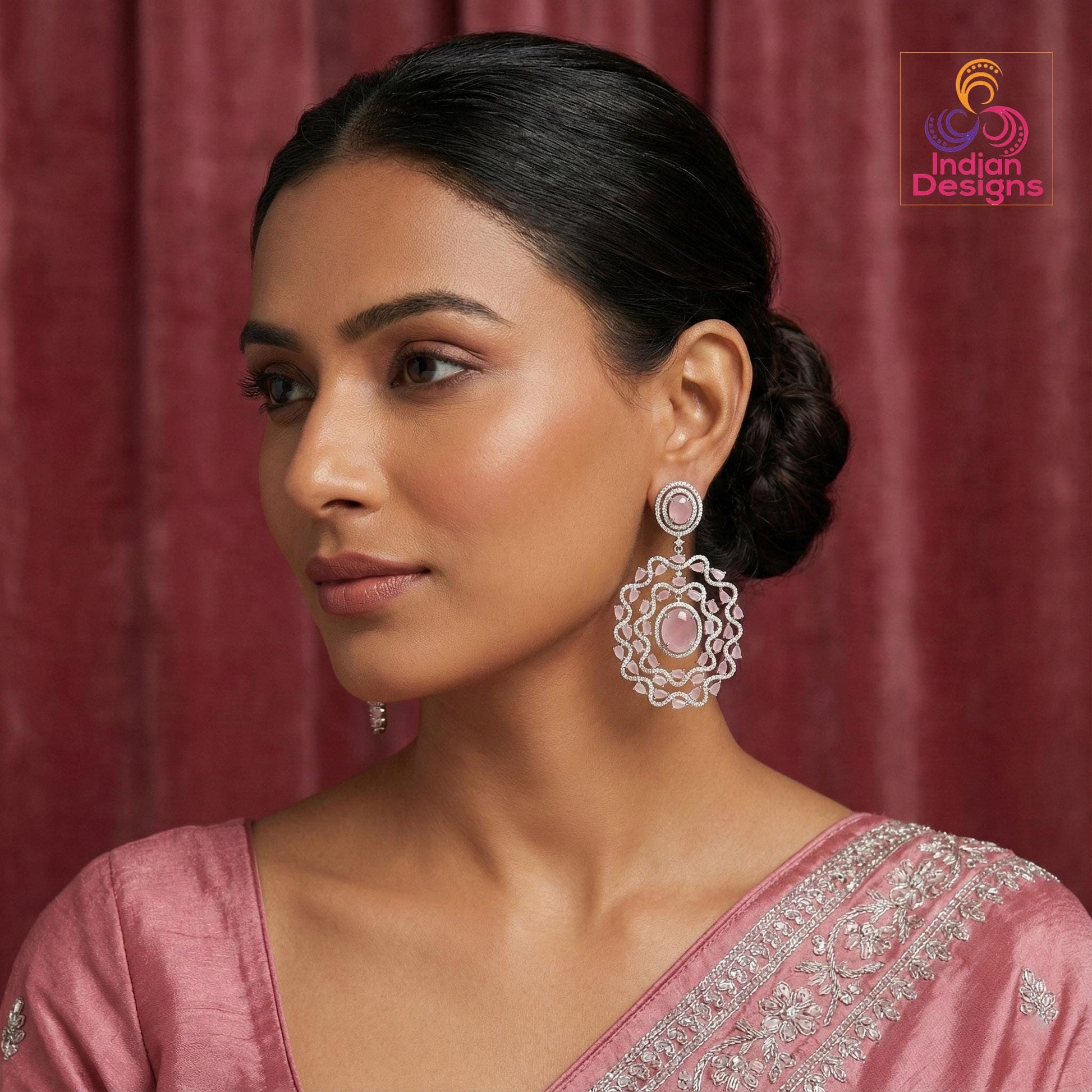 Silver American Diamond Statement Earrings| Large Floral Halo CZ Dangle| Indian Wedding Cocktail Jewelry| Emerald Green Sapphire Blue Pink