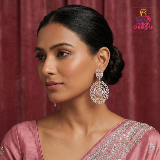 Silver American Diamond Statement Earrings| Large Floral Halo CZ Dangle| Indian Wedding Cocktail Jewelry| Emerald Green Sapphire Blue Pink