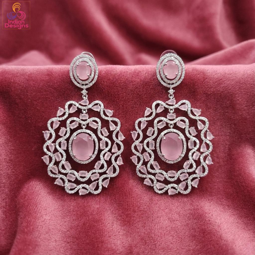 Silver American Diamond Statement Earrings| Large Floral Halo CZ Dangle| Indian Wedding Cocktail Jewelry| Emerald Green Sapphire Blue Pink
